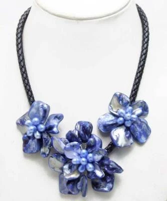 Gargantilhas femininas com pingente de pérola flor concha barroca azul corda 18"" - Imagem 1 de 4