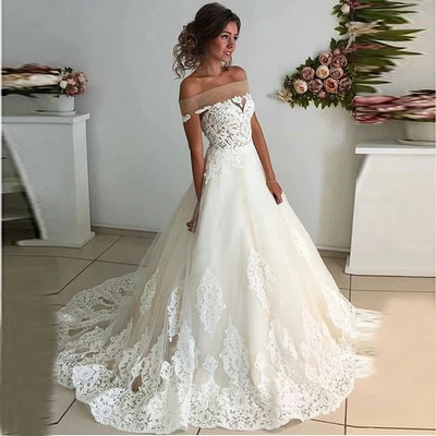 Off The Shoulder Boat Neck Wedding Dresses Lace Appliques Sleeveless Long - Image 1 of 4