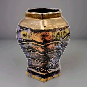 Mexico Art Pottery Vase Bronze Gold Glaze Swirls Black Scratch Red Clay Purple - Picture 1 of 8