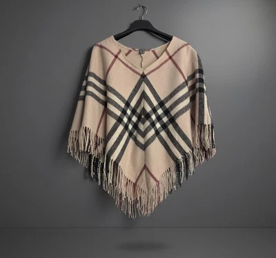 Poncho de lana a cuadros Burberry Nova vintage con flecos beige OS Foto 1 de 4
