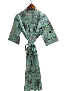 Indian Handmade Vintage Kimono Animal Print Cotton Bath Robes Maxi Night Gown - Picture 1 of 4