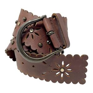 EXPRESS Belt Brown Leather Womens M Wide Floral Cut Out Studs Hippie Boho