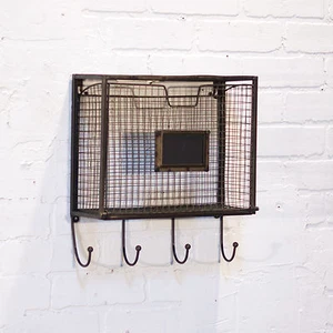 Vintage Style Metal Tilt Out Wall Pocket Organizer with Hooks - Picture 1 of 2