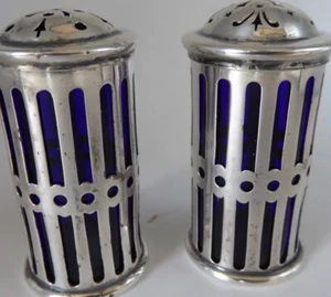 1928 Reed & Barton Sterling Silver W Cobalt Blue Glass Insert Shaker Set N 404 - Imagen 1 de 11