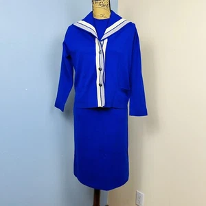 50s Amalfi Imports 3 Pc Italian Wool Knit Womens Suit Blue Pencil Skirt Sz L 12 - Picture 1 of 18