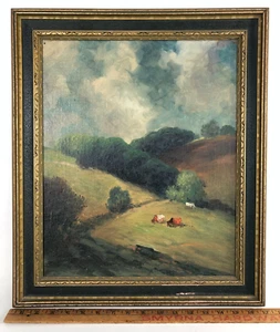 19th C Original Pastoral Cows Trees Impressionism Oil Painting Framed POHLE - Picture 1 of 7