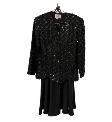 Conjunto Blazer Vintage Caron Negro Lentejuelas y Falda Fluida Negra Brillante Talla 10 Foto 1 de 4