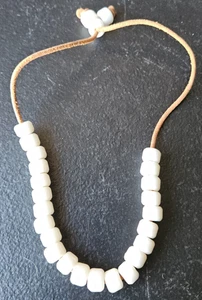 BONE BEAD NECKLACE. LEATHER STRAP. HAND MADE. 14 IN. - Picture 1 of 5