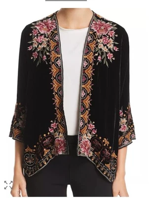 Jaqueta Johnny Was camisa de veludo bordada mistura de seda frente aberta quimono tamanho M - Imagem 1 de 4