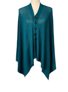 J Jill Sweater Shawl Sz S-L Teal Cotton/Wool Blend V-Neck Wooden Buttons Accents - Picture 1 of 9
