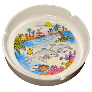 VINTAGE Ceramic Ash Tray - Beach Dolphin Tropical 3 Slot, 80s American Gift 5” - Picture 1 of 14
