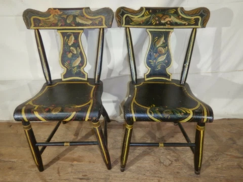 Pair Painted Decorated Plank Seat Chairs Black & Gold with Florals Cover