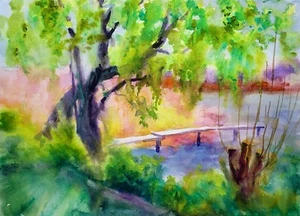 Watercolor Painting Reed Bridge Serdyuk B. Unframed Original Art nSerb954 - Picture 1 of 7