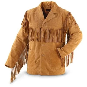 Men Suede Western Cowboy Leather Jacket With Fringe - Tan Brown  - Picture 1 of 4