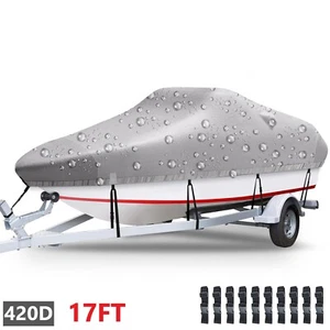 17ft HeavyDuty Boat Cover 420D Waterproof Trailerable Boat Cover Ski Bass V-Hull - Picture 1 of 9