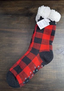 NWT Rooted Soul Buffalo Plaid Red/Black Sherpa Lined Grip Slipper Socks One Size - Picture 1 of 5