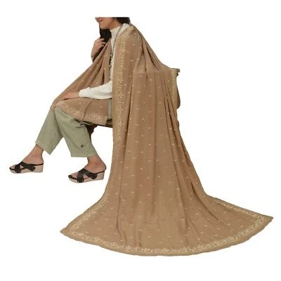 Sánskriti Vintage Marrón Dupatta Pura Crepe Seda Bordado a Mano Zardozi Estola - Imagen 1 de 4