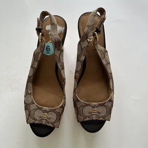 Coach Size 6 B Women's Tan Insignia Ferry Peep Toe Wedge Heels Shoes - Picture 1 of 8