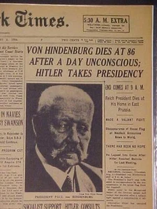 VINTAGE NEWSPAPER HEADLINES~ HINDENBURG DEAD HITLER GERMANY PRESIDENT WWII  1934 - Picture 1 of 6