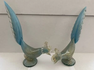 PAAR Himmelblau Gold Murano Kunst Glas Fasan Pfau Vögel Barbini AVEM Barovier - Bild 1 von 12