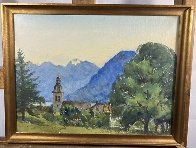 Aquarelle signée Paysage situé à Valloire ou Talloires avec le lac d'Annecy - Photo 1/4