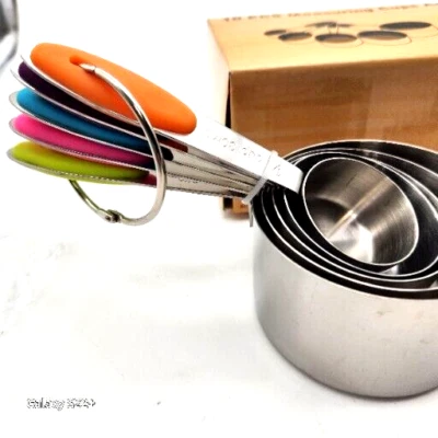 Measuring Cups Spoons Stainless Steel Nonslip Multicolor Silicone Handle 10 PC - Image 1 of 3