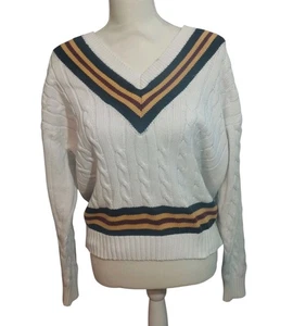 Brooks Brothers Pullover Unisex M weiß gestreift Tennis Cricket V-Ausschnitt Zopfmuster - Bild 1 von 6