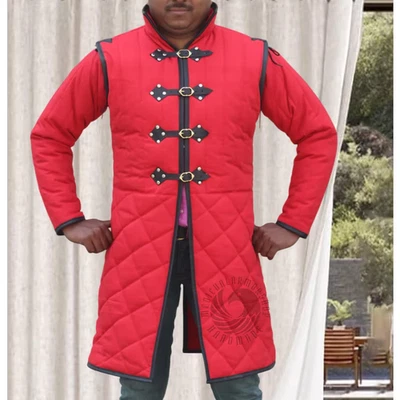 Medieval Red Gambeson: Padded Gambeson Armor RenFaire Costume with Black Leather - Image 1 of 4
