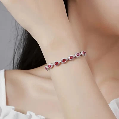 8Ct Pear Cut Lab Created Red Ruby Tennis Women's  Bracelet 14K White Gold Plated - Image 1 of 4