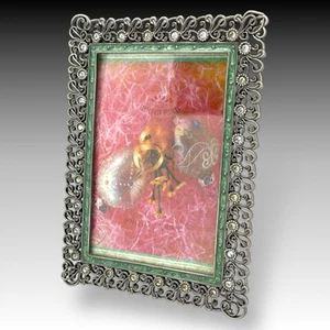 VTG Sunflower Designs 4x6 PHOTO FRAME Green Enamel Scroll Rhinestones Metal - Picture 1 of 8