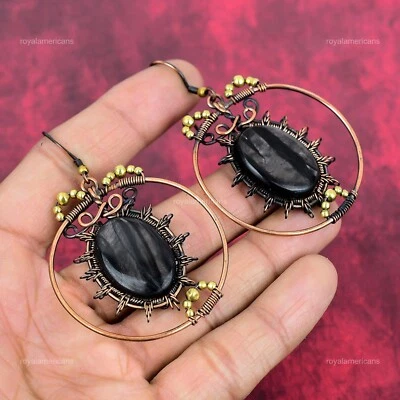 Memorial Day Deal Natural Hypersthene Dangle Drop Wire Wrapped Earrings Copper - Image 1 of 4