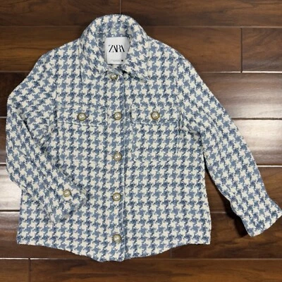 Chaqueta Blazer Zara Para Mujer Talla XS Blanco Azul Tweed Imitación Perla Botón Foto 1 de 4