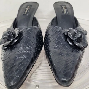 BRIGHTON Poem Paige Slip-On High Heeled Mules Black Leather Shoes Floral Sz 10M - Picture 1 of 8