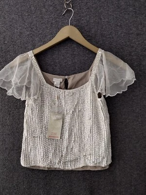 Monsoon Blouse Girls 10-11 yrs Ivory Square Neck Sequins Mesh Sleeve - Image 1 of 4