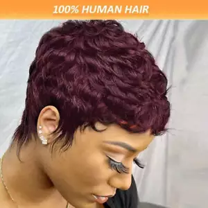 Women's Pixie Cut Brown Color Human Hair Wigs - Picture 1 of 7