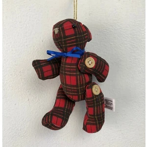 Vintage Christmas Ornament Bear Stuffed Red Plaid Jointed Country Look Cotton - Picture 1 of 3