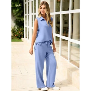 Women's 2-Piece Sleeveless Lounge Set with Wide Leg Pants Blue Small - Picture 1 of 6
