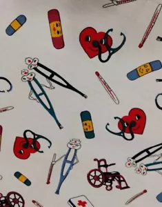 Fun New Medical Fabric Doctor Nurse Medical Tools and Supplies 22+” x 47" - Picture 1 of 4