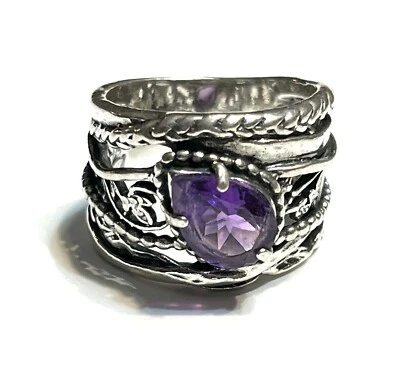 NUEVO SIN ETIQUETAS O PAZ PLATA ESTERLINA 925 FORMA PERA AMATISTA ANILLO TEXTURIZADO TALLA 7 ISRAEL PZ Foto 1 de 4