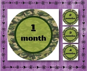 Green Camouflage -Baby Milestone Stickers Months 1-12 - 2.5" Round Glossy Labels - Picture 1 of 1