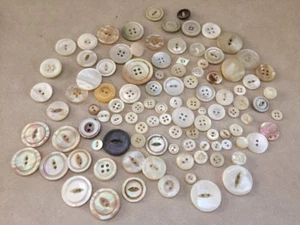 Vtg Lot 100 Mother of Pearl Shell Plastic Two Four Hole Shank Buttons .75-2.75cm - Picture 1 of 7