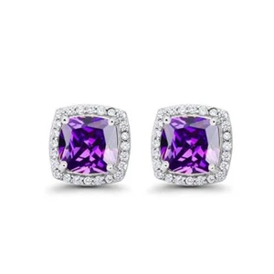 14K White Gold Plated 1 Ct Created Halo Princess Cut Tanzanite Stud Earrings - Picture 1 of 2