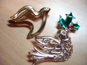 2 Dove Brooch Pins - Gold Dove and a Silver Christmas Dove Holding Holly - Picture 1 of 2