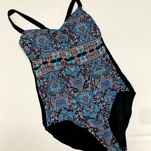 NWT AVA & VIV Black Blue Paisley Print Women's Cross Back One Piece Swimsuit 14W - Bild 1 von 6