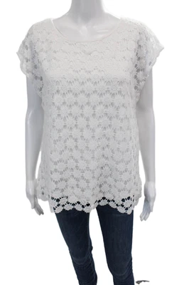 Blusa de malha Vince Camuto feminina manga curta gola redonda crochê branca tamanho M - Imagem 1 de 4