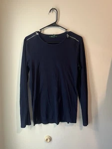 Lauren Ralph Lauren Long Sleeve T Shirt Ribbed Navy Blue Size Large Zip Shoulder - Imagen 1 de 5