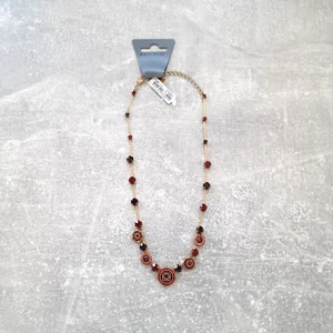 PILGRIM NECKLACE AGED LOOK STAINLESS STEEL ENAMEL RHINESTONES RED BORDO - Picture 1 of 7