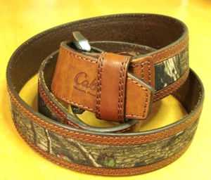 Cabelas Mens Brown Leather Camouflage Camo Inlaid Belt Size 40 Casual Formal Vtg - Picture 1 of 13