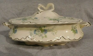 Very Old Covered Dish Oval Blue Moring Glories Rainier George Bros 591 - Picture 1 of 12