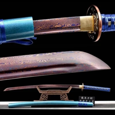 Espada samurai japonesa feita à mão dobrada lâmina de aço Damasco afiada Ninja Katana - Imagem 1 de 4